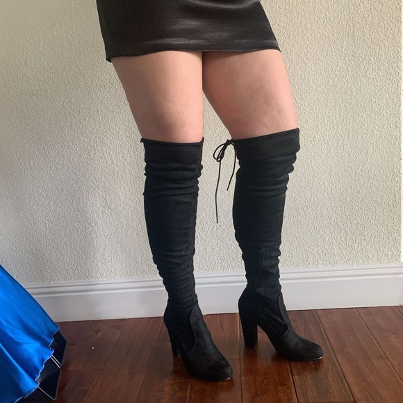 FASHION NOVA Paige Pretty In Thigh High Black Suede Zip Boots Size 9 Tie back - Picture 1 of 16